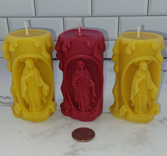 Virgin Mary pillar unscented beeswax candle Free Domestic shipping to the USA